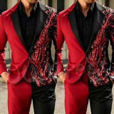 Red Black Men Suits Split Color Sequin Tuxedo Wedding Party Blazer Suit Sets