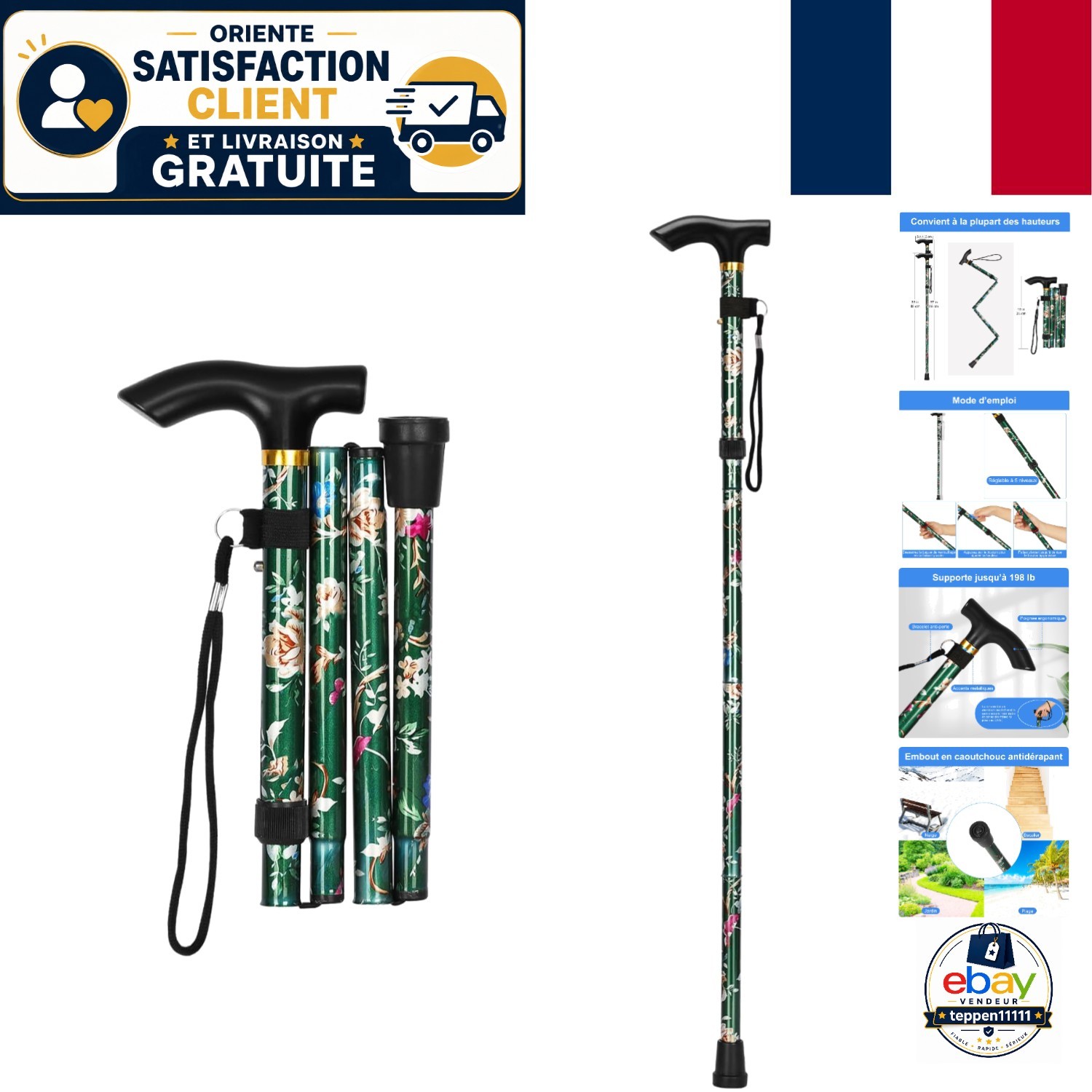Canne pliante SupreGear idéale pour voyager et se promener en ville