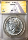 1922 D Peace Silver Dollar ANACS AU55 Denver Almost Unc Rare Looks Undergraded