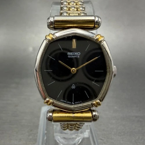 Seiko Watch Women 22mm Black Dial Two Tone Octagon 1400-5230 New Battery Vintage