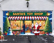 Santa's Workshop Garage Door Cover 7x16 Ft Christmas Holiday Banner Party Decor