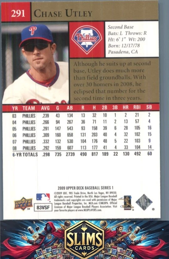 2009 Upper Deck Philadelphia Phillies Chase Utley #291 - Image 2 of 2