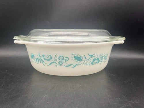 Vintage Pyrex Blue Meadow #043 1.5qt Oval Baking Casserole Dish w/Lid (JP3222)