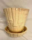 McCoy 372 Cream Glaze Bamboo Planter Pot With Attached Saucer Height 5" #2179