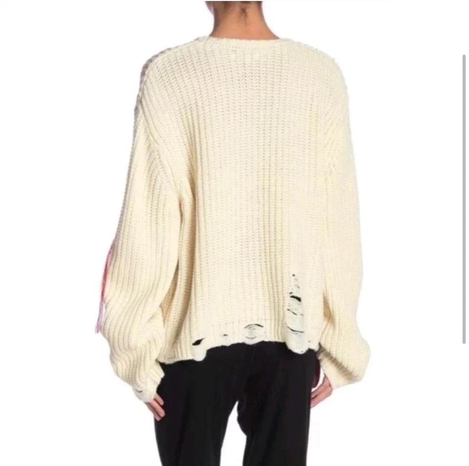 Peace Love World Destructed V Neck Sweater L .Beige Embroidered Distressed Women - Image 2 of 4