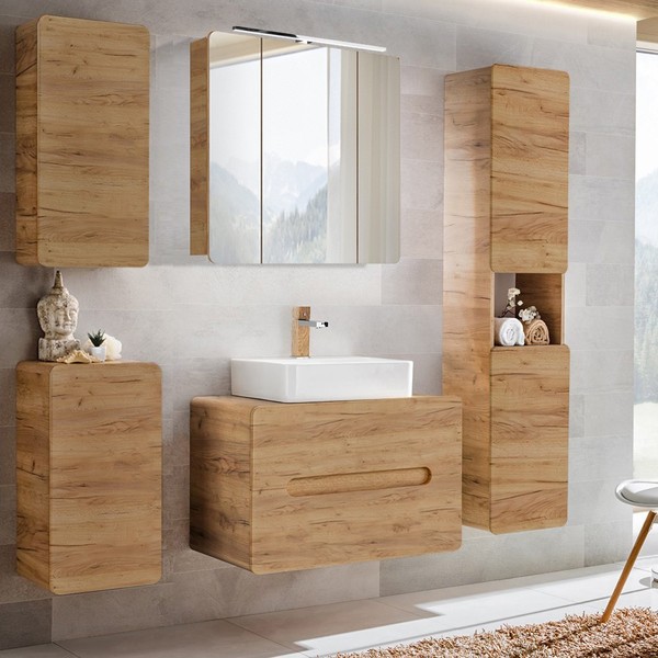 BadmöBel Komplett Set In Wotaneiche Waschtisch Hochschrank Unterschrank GäSte-Wc-image