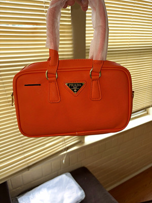 PRADA Orange Logo Small Satchel Top Handle Bag Zip Gold Hardware Detach Strap