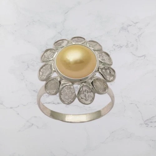 Stackable Ring Pearl Gemstone Ring Polki Diamond Ring 925 Sterling Silver Ring - Image 3 of 4