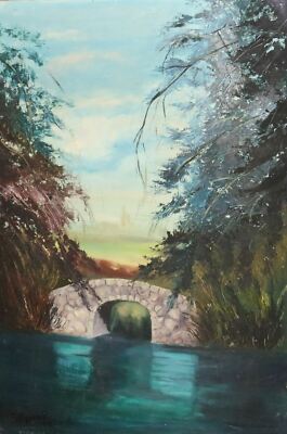 80s realist oil painting river bridge landscape