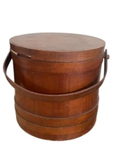 Old Primitive Firkin Wood Sewing Bucket Lid & Handle Early 20th Century 12”