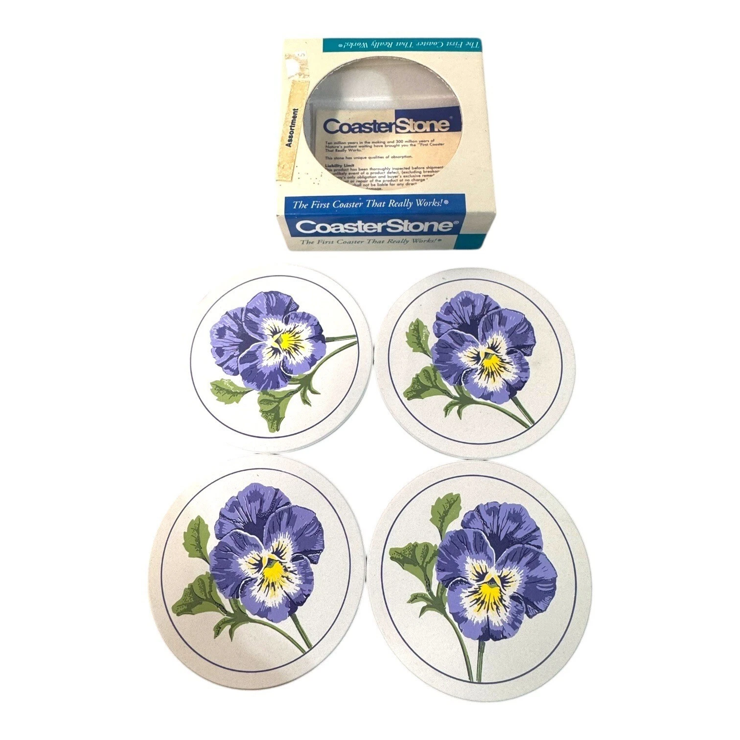 Set Of 4 CoasterStone Absorbent Stone Coasters With Purple Pansy Design