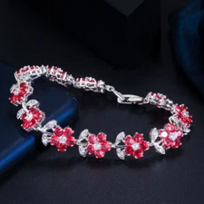 Flower Leaf Chain Link Bracelet Silver Plated Cubic Zirconia Red Trendy Jewelry