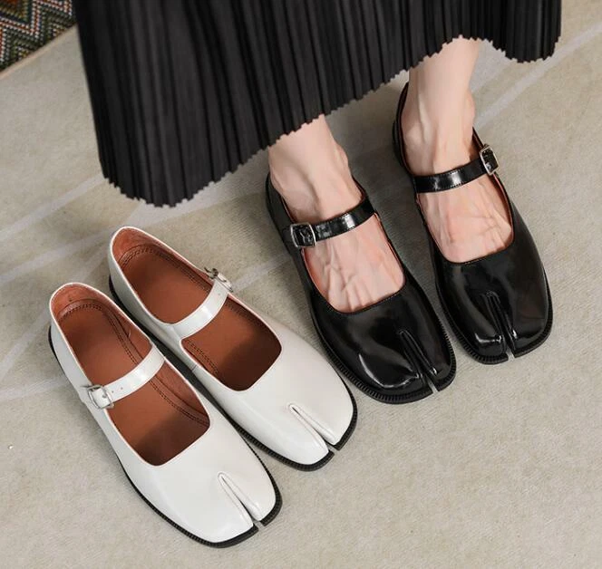 Women Genuine Leather Split Toe Shoes Pumps Flat Tabi Loafers Comfort Shoes