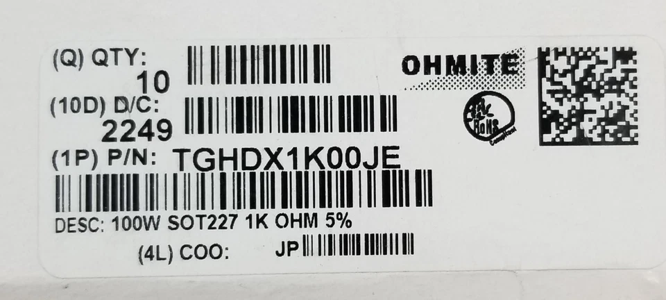 10 Ohmite TGHDX1K00JE Resistors 1Kohm 100W 5% SOT-227-2 155C 100PPM TGHD NEW - Image 3 of 4