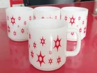 4 vintage Glasbake atomic red starburst milk glass mug HTF