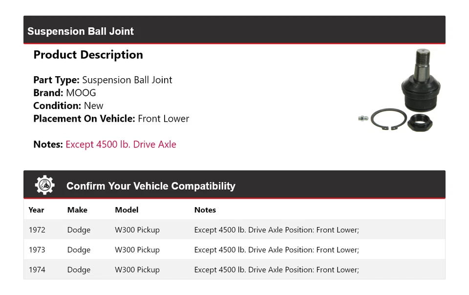 Para Dodge W300 1972-1974 camioneta suspensión rótula delantera inferior MOOG 1972 1973 Foto 2 de 4