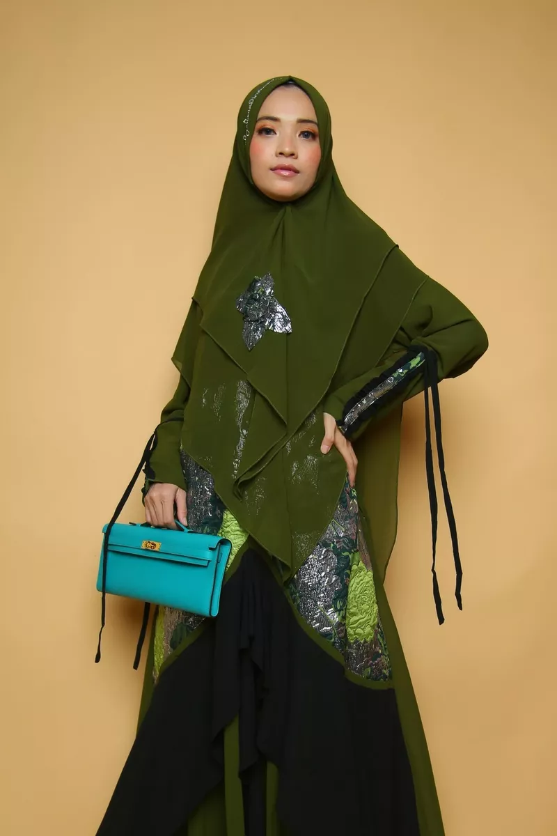 dark green dress with khimar muslim women fashion Maxi Dress