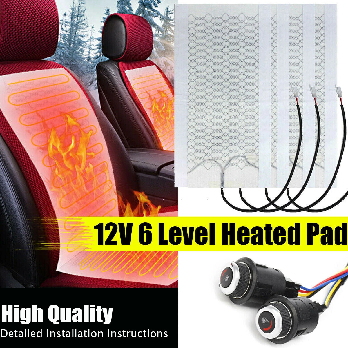 2 Seats Car Seat 6 Level Heated Seat Pad Cushion Round Switch Kit Carbon  Fiber