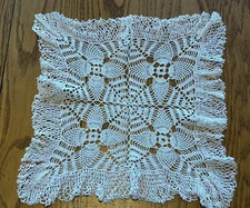 Charming Vintage Off White Hand Crocheted Doily Variegated Pink Ruffle Edge 13"