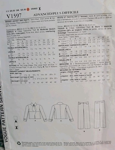 Vogue Designer Sewing Pattern 1597, Anne Klein Jacket and Pants, 6 -14, Uncut - Picture 2 of 2