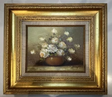 VTG Still Life Oil Painting On Canvas Flowers Signed Gold Framed 15x17