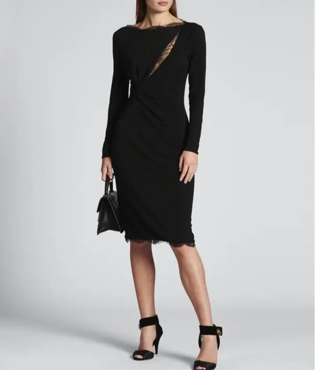 Tom Ford — Tom Ford Black Boat-Neck Lace Keyhole Knotted Dress, Size 46