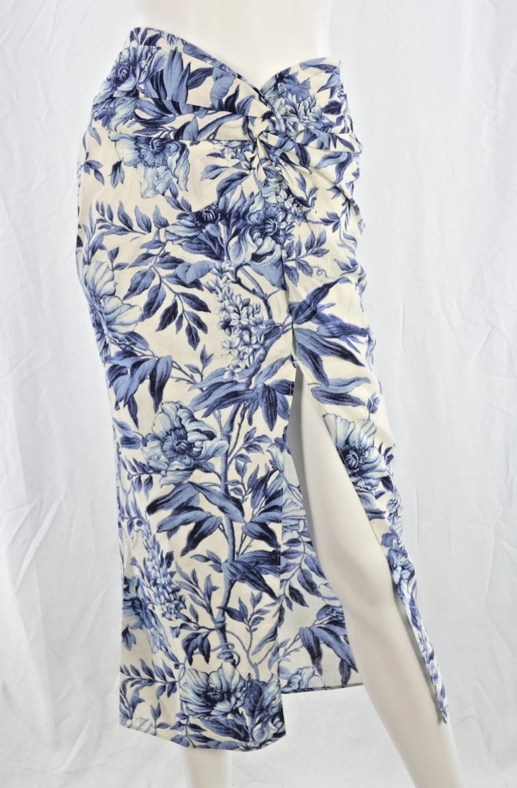 H&M Skirt Floral Linen Blend Midi Blue White High Waist Smart Summer UK 8