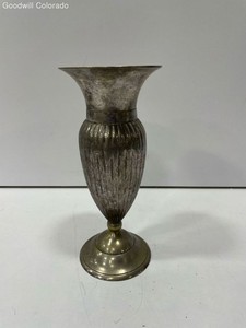 Metal Vase Fluted Ribbed Design Brass Tone Decorative Flower Urn Etched Pattern 