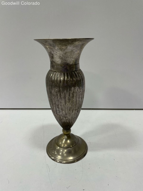 Metal Vase Fluted Ribbed Design Brass Tone Decorative Flower Urn Etched Pattern 