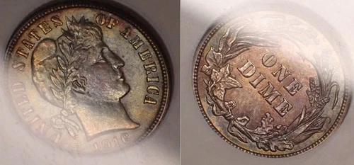 1916 Barber Dime NGC UNC Details Rainbow Toned Beauty!