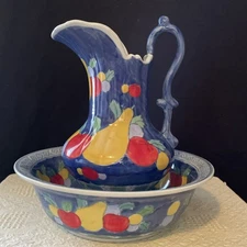 Wash Basin and Wash Pitcher Set Hand Painted, Fruit, Farmhouse, Home Decor Large