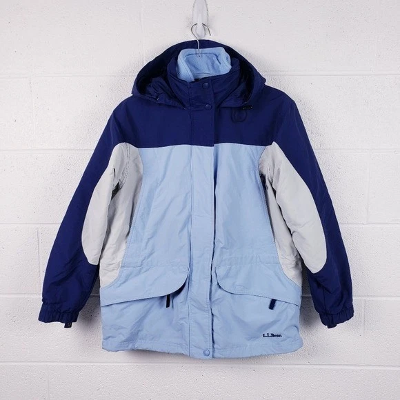 LL Bean Snow Ski Hooded Jacket Coat Blue Two Toned Full Zip Womens Petite Medium