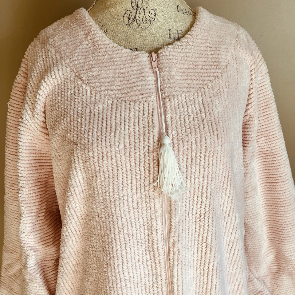 女士淡粉色雪尼尔长拉链长袍 XL 舒适小屋波西米亚奶奶 — 第 3/4 张图片