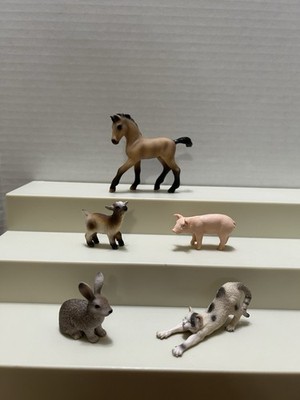 Schleich Toy Farm Animal Lot of 5 - Horse - Pig - Goat - Cat  & Rabbit
