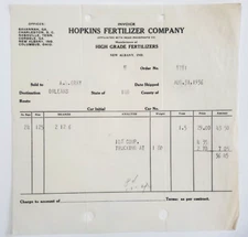 1936 Invoice, Hopkins Fertilizer Company, Read Phosphate Co. New Albany, Indiana