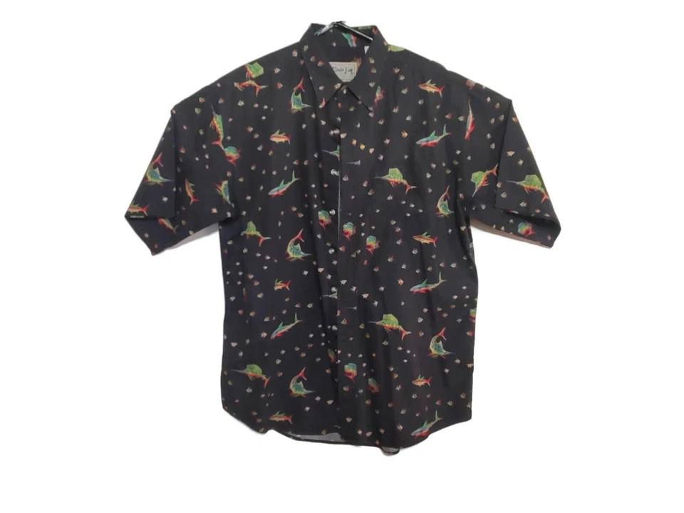 Bimini Bay Black Hawaiian Fish Outfitter Button Down Large Shirt Men's Casual   - Image 2 of 4