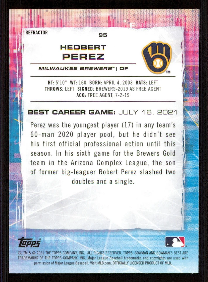 2021 Bowman's Best Refractors #95 Hedbert Perez - Image 2 of 2