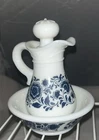 Vtg. Avon Milk Glass Blue Flowers Skin So Soft Bath Oil Pitcher Bowl,& softener