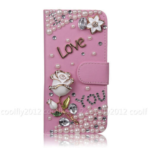 Bling Flip Leder Diamanten Geldbörse Damen Handy Abdeckung Etui für Motorola Nokia - Bild 16 von 18