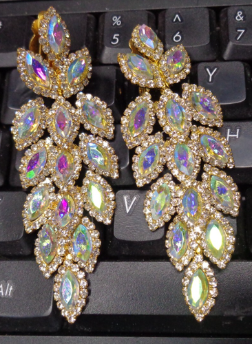 Orecchini clip dichiarazione pista lunga strass vetro CARNEVALE gioielli estate - Foto 4 di 6