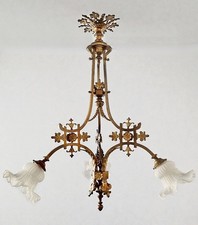 Tolle Gründerzeit Deckenlampe aus Bronze - 3 verzierte Milchglas Schirme um 1880