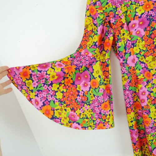 Vintage 70s Maxi Dress Multicolor Floral Neon Bell Sleeve Hippy Boho L Groovy, $88.2 - Photo 3