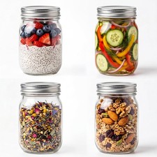 Glass Regular Mouth Mason Jars, 16 oz Clear Glass Jars with Silver Metal Lids...