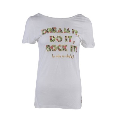 Desigual Damen T-Shirt Weiß Printed Grafik Kurzarm Viskose Gr. S 36
