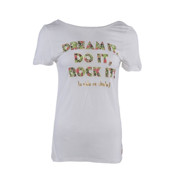 Desigual Damen T-Shirt Weiß Printed Grafik Kurzarm Viskose Gr. S 36-image