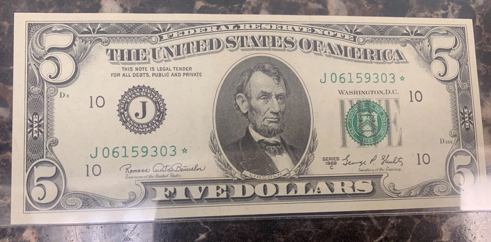 1969C $5 Federal Reserve STAR Note ~ PCGS 63 PPQ ~ Fr# 1972-J* ~ Kansas City - Image 2 of 4