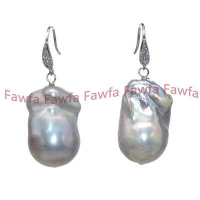 HUGE 20-25MM NATURAL SILVER GRAY BAROQUE PEARL RHINESTONE HOOK DANGLE EARRINGS