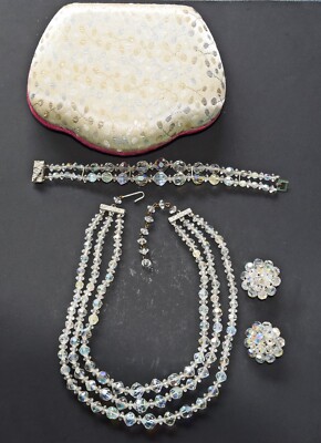 Vintage Jewelry Aurora Borealis Glass Bead Set-Necklace Bracelet Earrings + Box