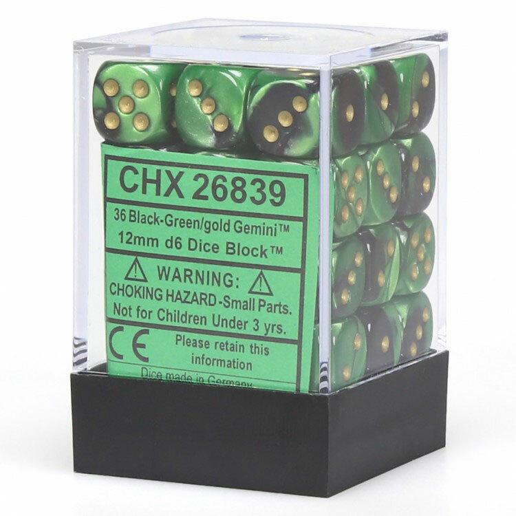 CHX26839 Chessex Manufacturing Gemini 4: 12mm D6 Black Green/Gold