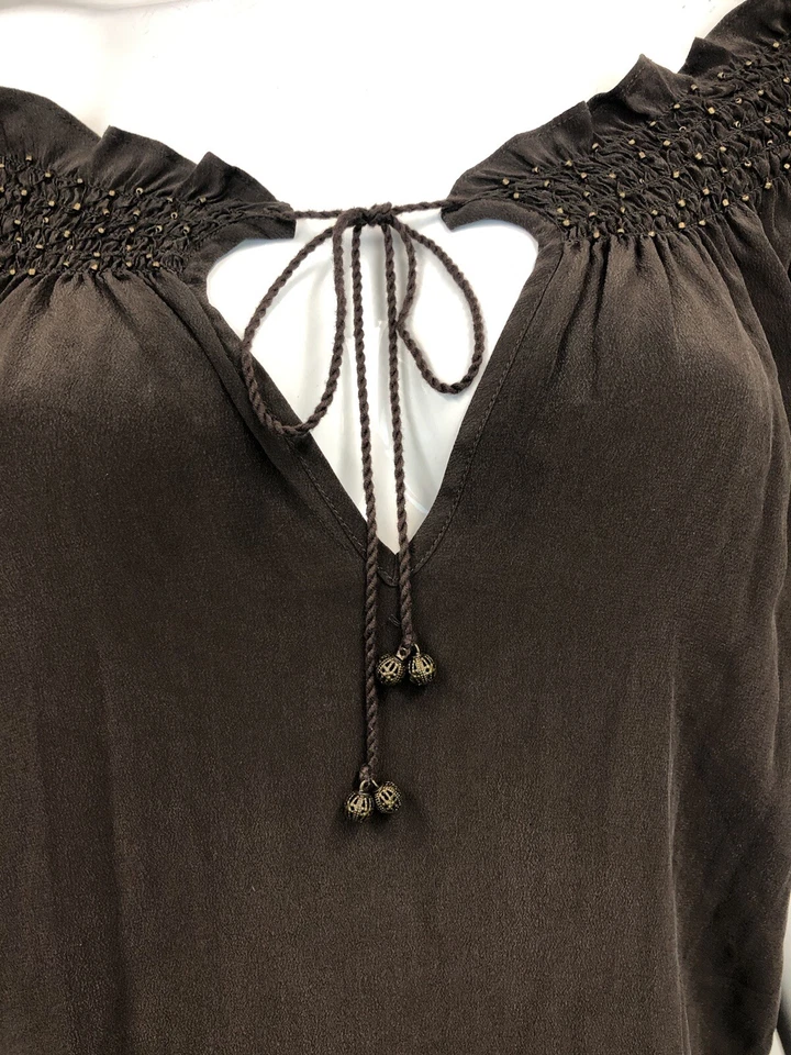 Женские Joie большой коричневый 100% шелк с плеча золото бисером туника рубашка платье - Изображение 2 из 4